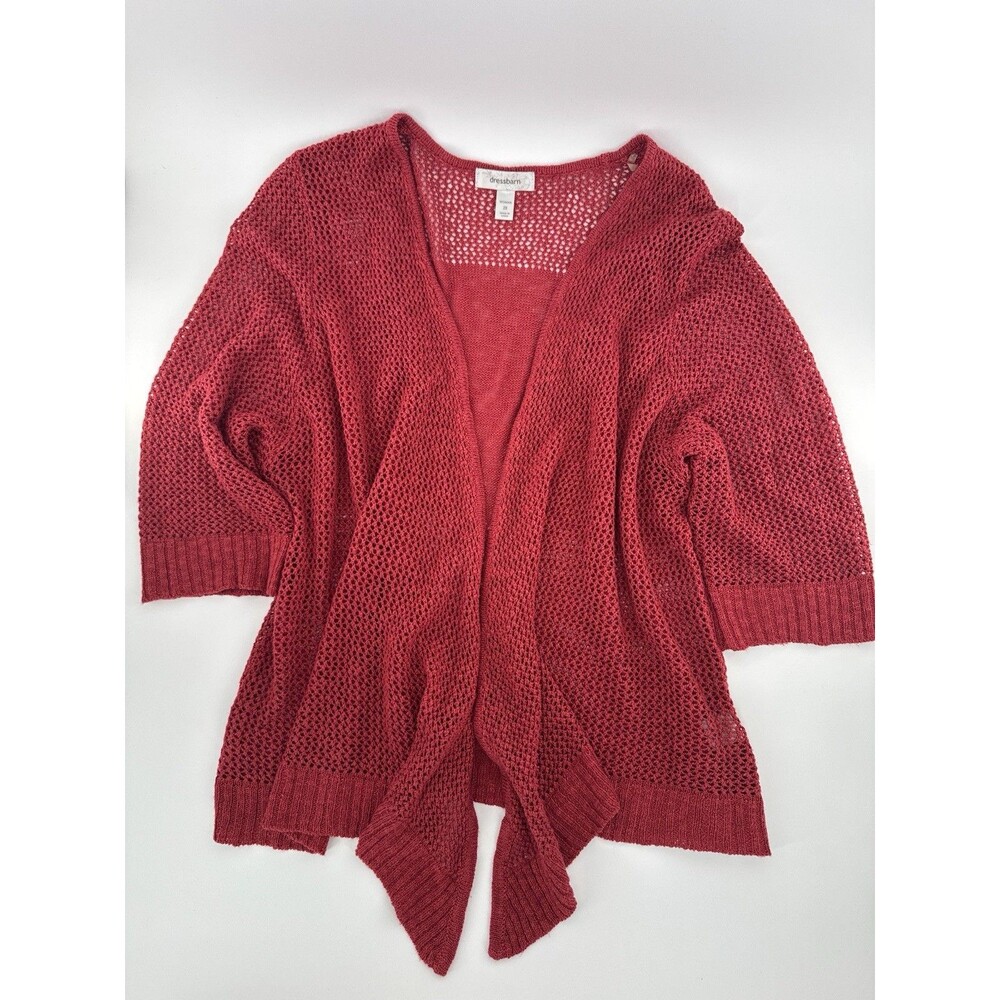 Dress Barn Cardigan Sweater Womans 2X Burgundy Open Mesh Crochet Knit 3/4 Sleeve